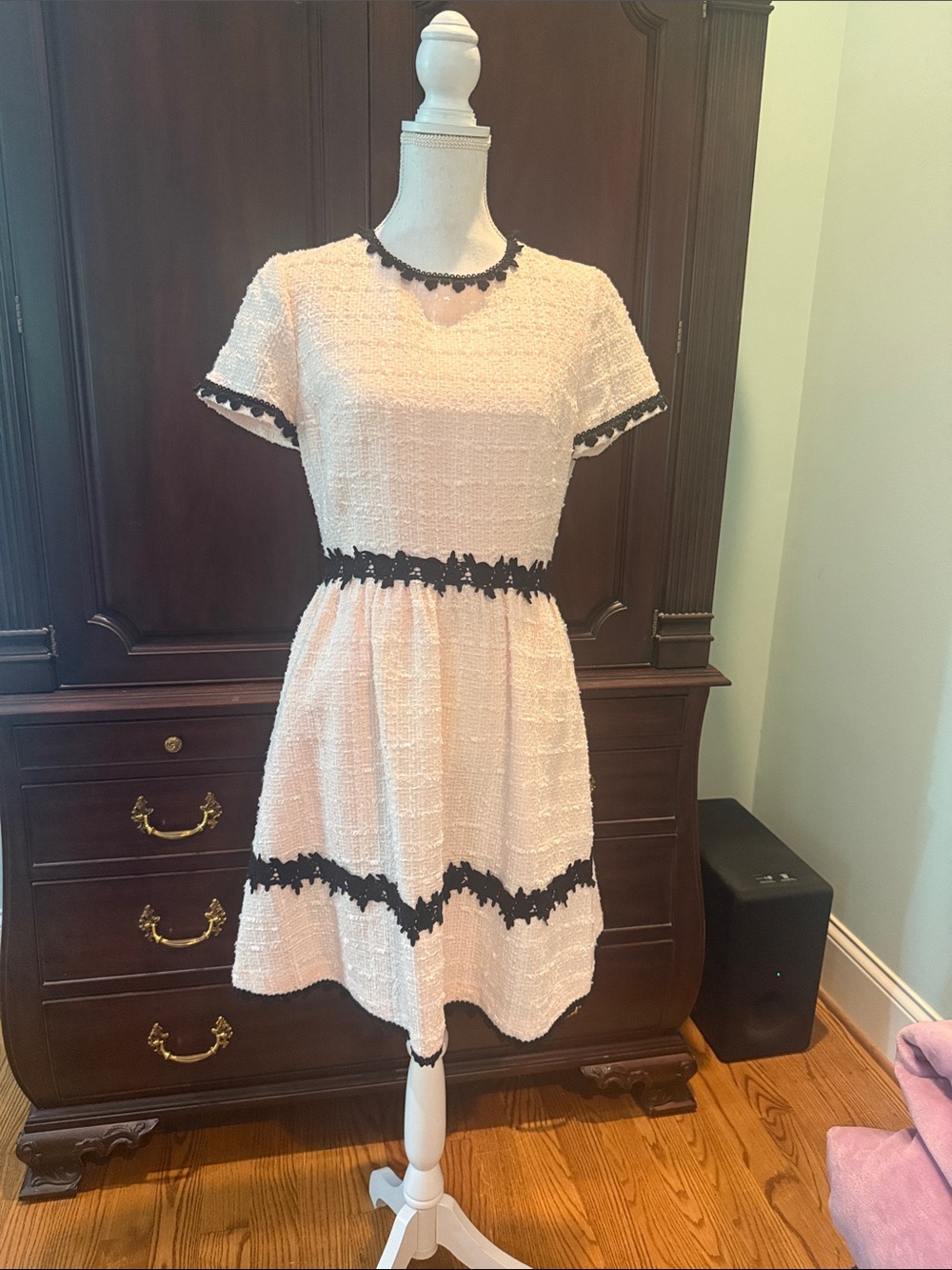 Textured Pale Pink Mini Dress with Black Lace Trim